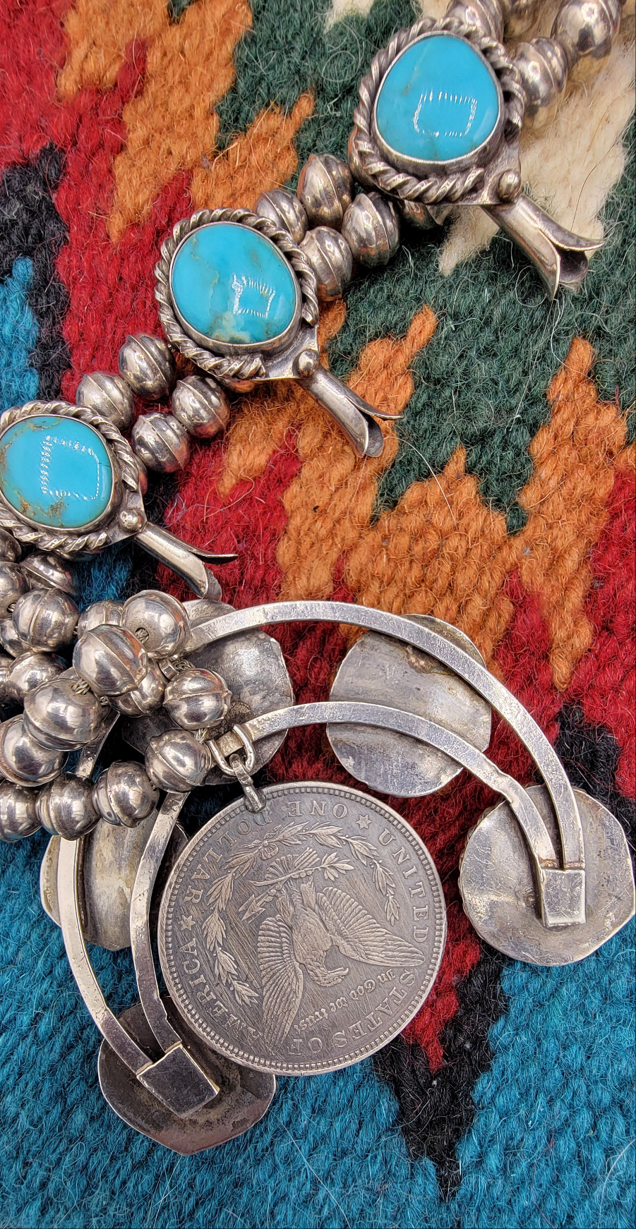 Old Pawn Kingman turquoise squash blossom 22" necklace with 1921 Morgan dollar coin