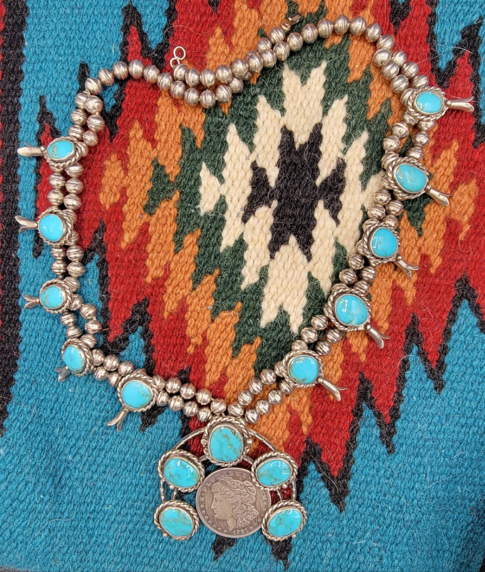 Old Pawn Kingman turquoise squash blossom 22" necklace with 1921 Morgan dollar coin