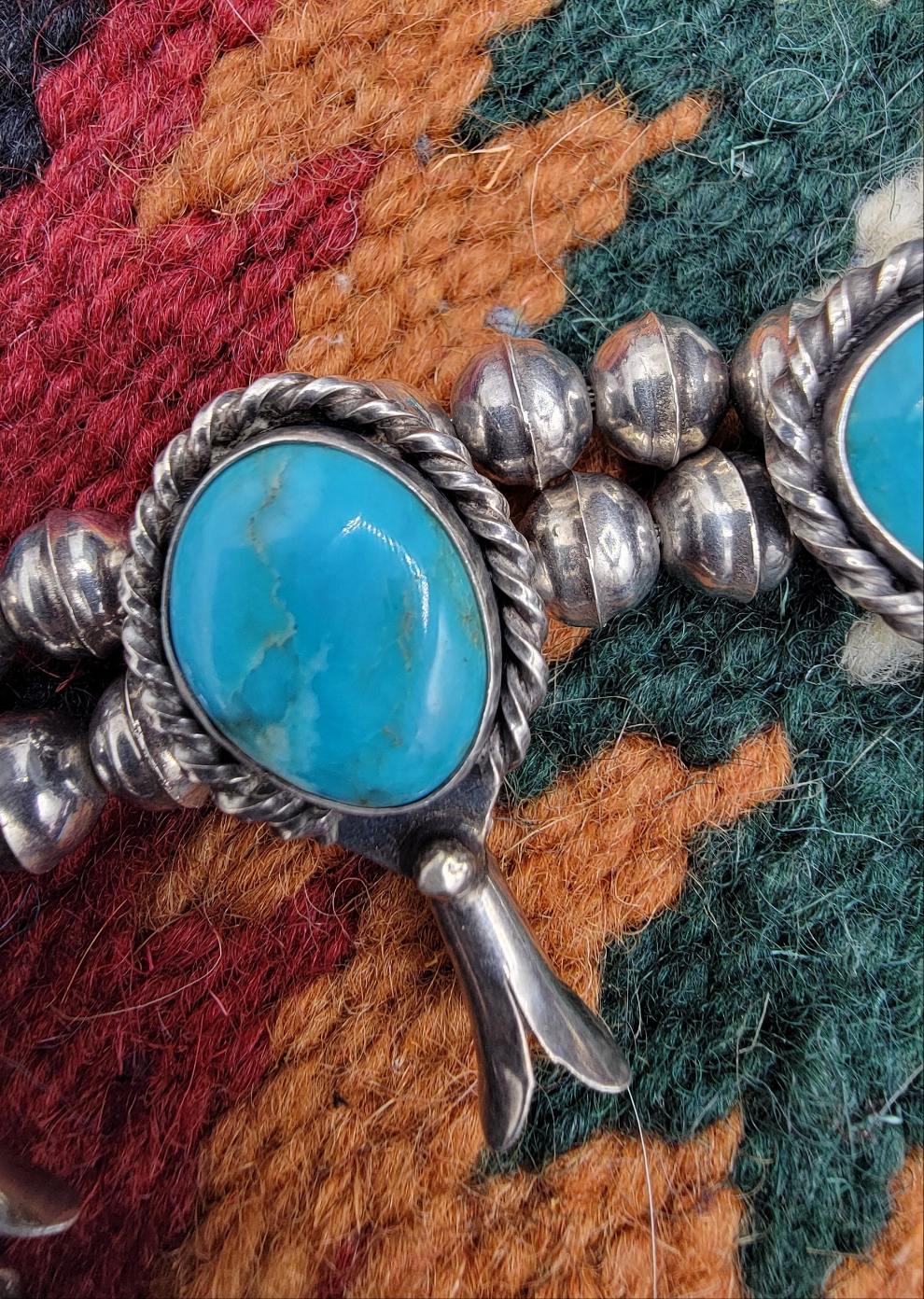 Old Pawn Kingman turquoise squash blossom 22" necklace with 1921 Morgan dollar coin
