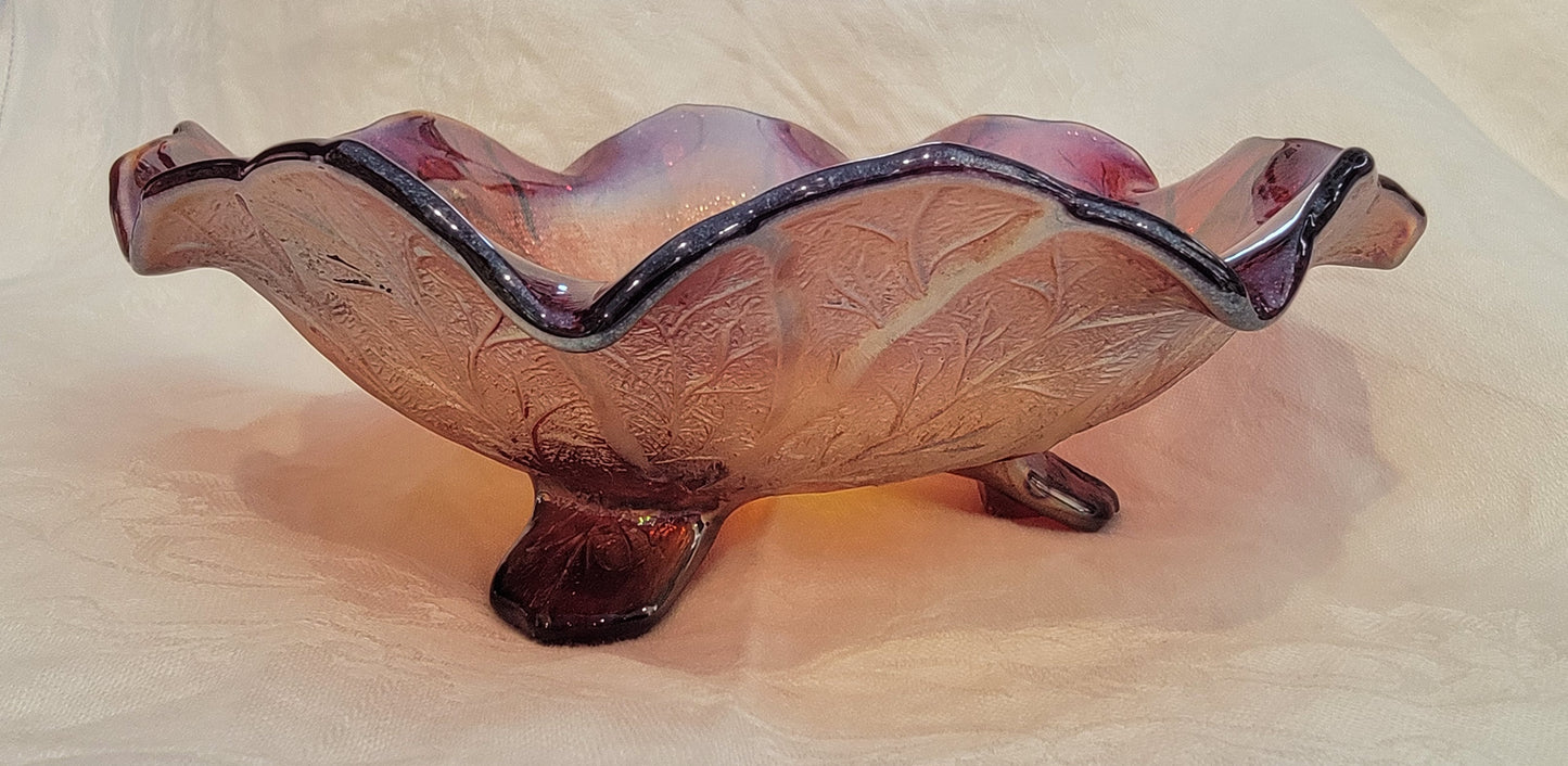 Imperial Glass Acanthus Leaf Footed Red Carnival Glass Bowl