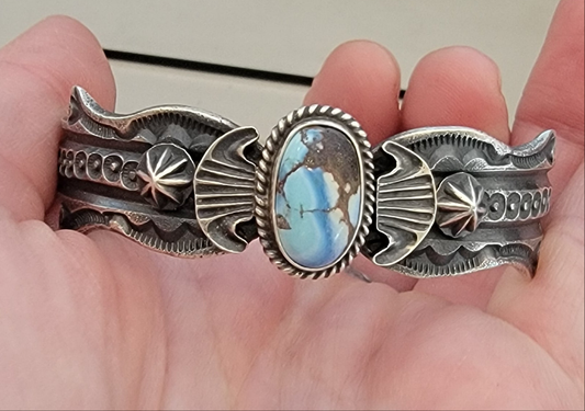 Native signed Kevin Billah Golden Hills turquoise sterling silver cuff