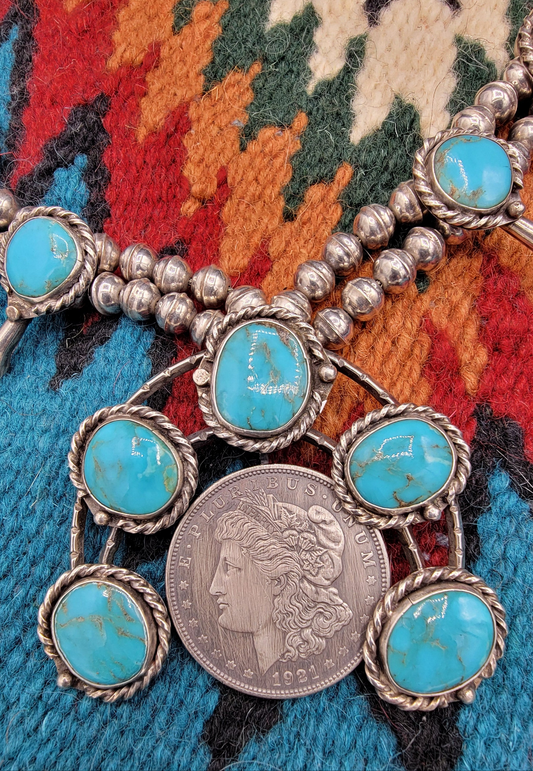 Old Pawn Kingman turquoise squash blossom 22" necklace with 1921 Morgan dollar coin