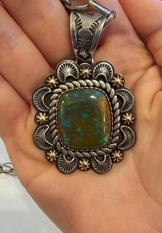 Tommy Jackson Navajo 20" necklace turquoise, sterling silver, and 14k gold