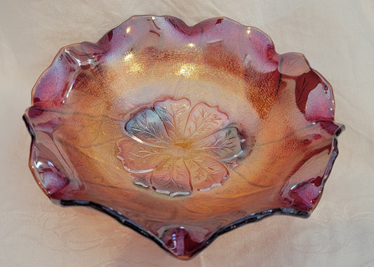Imperial Glass Acanthus Leaf Footed Red Carnival Glass Bowl